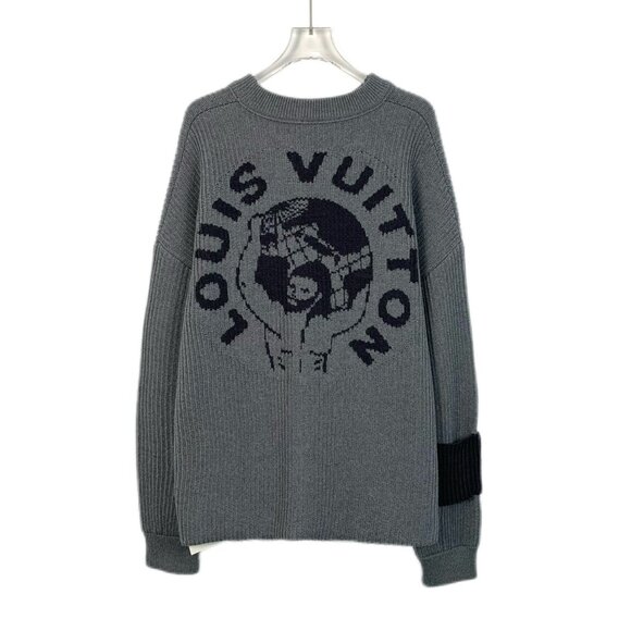 Louis Vuitton Gray Wool Ribbed Sweater With Black Elbow Patch & Back Logo Mens - Picture 2 of 7